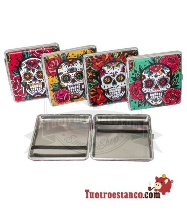 Pitillera metálica Champ Mex Skull and Flowers de 20 cig