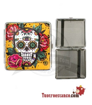 Pitillera metálica Champ Mex Skull and Flowers de 20 cig