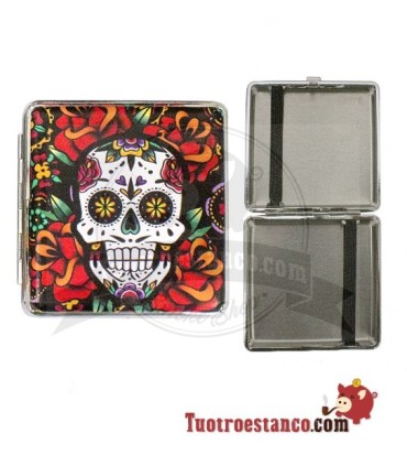 Pitillera metálica Champ Mex Skull and Flowers de 20 cig