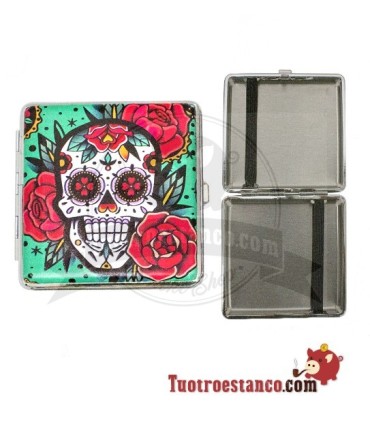 Pitillera metálica Champ Mex Skull and Flowers de 20 cig